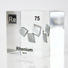 Rhenium element in a clear acrylic cube, featuring its name, atomic number, and properties as shown on the periodic table. A sleek and educational display for collectors and enthusiasts.