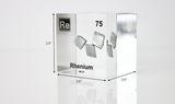 Rhenium element in a clear acrylic cube, featuring its name, atomic number, and properties as shown on the periodic table. A sleek and educational display for collectors and enthusiasts.