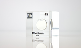 Clear acrylic cube displaying a Rhodium element (Atomic Number 45) embedded within, offering a scientific presentation for collectors and science enthusiasts.