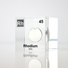 Clear acrylic cube displaying a Rhodium element (Atomic Number 45) embedded within, offering a scientific presentation for collectors and science enthusiasts.