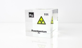 Clear acrylic cube displaying a Roentgenium element (Atomic Number 111) embedded within, offering a scientific presentation for collectors and science enthusiasts.