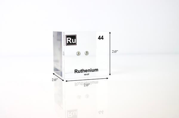 Clear acrylic cube displaying a Ruthenium element (Atomic Number 44) embedded within, offering a scientific presentation for collectors and science enthusiasts.