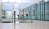 Close-up of several shark tooth fossils embedded in clear acrylic. The teeth vary in size and shape, showcasing their distinct serrated edges and fossilized details, which provide a glimpse into ancient marine life.