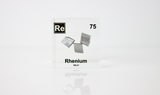 Rhenium element in a clear acrylic cube, featuring its name, atomic number, and properties as shown on the periodic table. A sleek and educational display for collectors and enthusiasts.