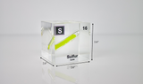 Clear acrylic cube displaying a Sulfur element (Atomic Number 16) embedded within, offering a scientific presentation for collectors and science enthusiasts.