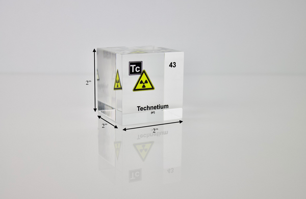 Clear acrylic cube displaying a Technetium element (Atomic Number 43) embedded within, offering a scientific presentation for collectors and science enthusiasts.