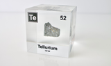 Clear acrylic cube displaying a Tellurium element (Atomic Number 52) embedded within, offering a scientific presentation for collectors and science enthusiasts.