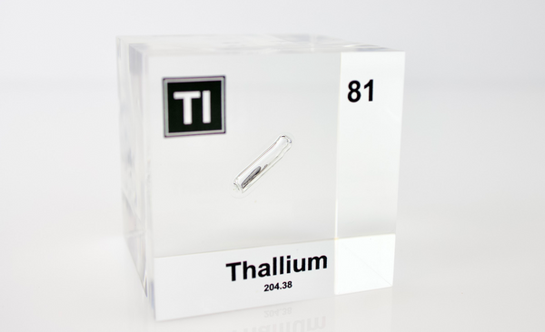 Clear acrylic cube displaying a Thallium element (Atomic Number 81) embedded within, offering a scientific presentation for collectors and science enthusiasts.