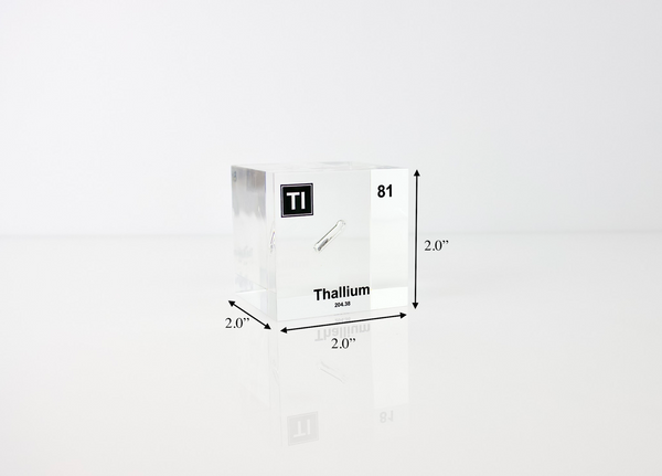 Clear acrylic cube displaying a Thallium element (Atomic Number 81) embedded within, offering a scientific presentation for collectors and science enthusiasts.