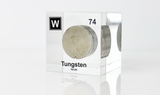 Clear acrylic cube displaying a Tungsten element (Atomic Number 74) embedded within, offering a scientific presentation for collectors and science enthusiasts.