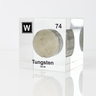 Clear acrylic cube displaying a Tungsten element (Atomic Number 74) embedded within, offering a scientific presentation for collectors and science enthusiasts.