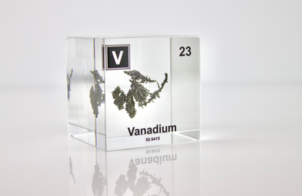 Clear acrylic cube displaying a Vanadium element (Atomic Number 23) embedded within, offering a scientific presentation for collectors and science enthusiasts.