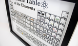 A corner shot of the wall mounted periodic table of elements, showing all the elements