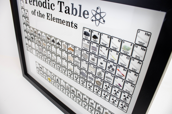 A corner shot of the wall mounted periodic table of elements, showing all the elements