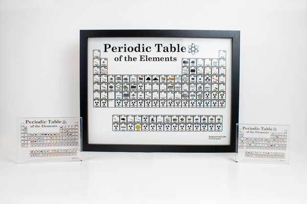 Wall mounted periodic table of elements in between two smaller periodic table of elements with real elements in it