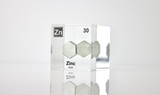 Zinc element encased in a clear acrylic cube, featuring its name, atomic number 30, and properties as displayed on the periodic table. Ideal for educational and collector use.