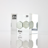 Zinc element encased in a clear acrylic cube, featuring its name, atomic number 30, and properties as displayed on the periodic table. Ideal for educational and collector use.