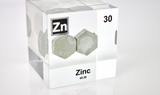 Zinc element encased in a clear acrylic cube, featuring its name, atomic number 30, and properties as displayed on the periodic table. Ideal for educational and collector use.