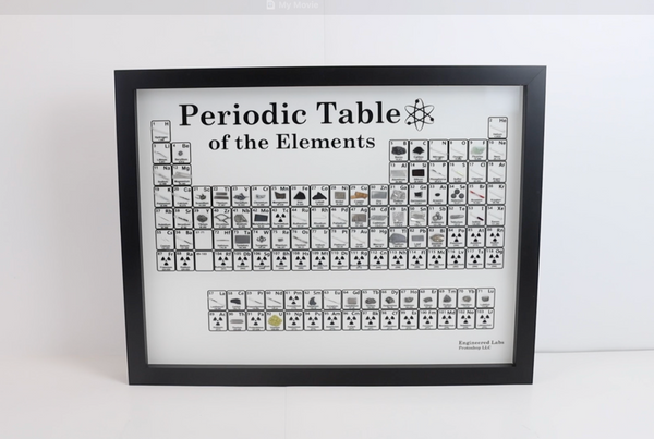 Wall mounted periodic table of elements with real elements embedded in acrylic, video showing off it's features and elements